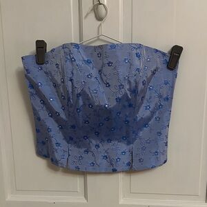 Strapless Floral Sequin Bustier Crop Top - Blue